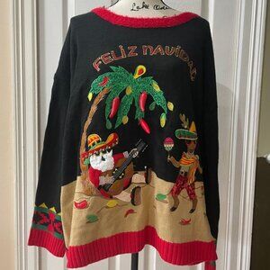 CHRISTMAS UGLY SWEATER FELIZ NAVIDAD SANTA IN A HOT PEPPER TREE SIZE XXL
